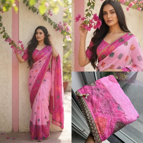 Dapper Pink Designer Space Silk Bandhani Print Saree with Bhungali Work Silk Sarees Wholesale