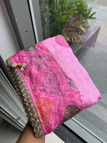 Dapper Pink Designer Space Silk Bandhani Print Saree with Bhungali Work Silk Sarees Wholesale