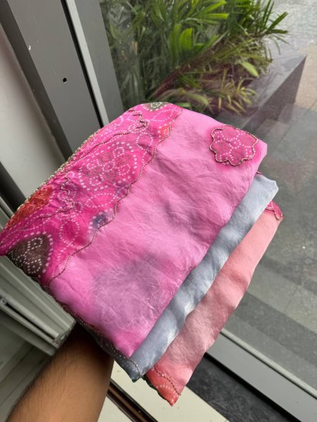 Dapper Pink Designer Space Silk Bandhani Print Saree with Bhungali Work Silk Sarees Wholesale