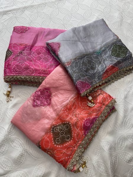 Dapper Pink Designer Space Silk Bandhani Print Saree with Bhungali Work Silk Sarees Wholesale