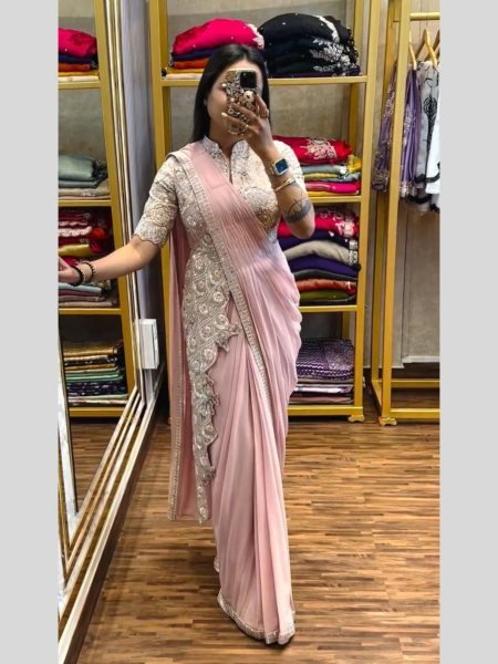 Pink Embroidered Chinon Draped Saree with Jacket Easy to Wear Celebration Style Sarees 