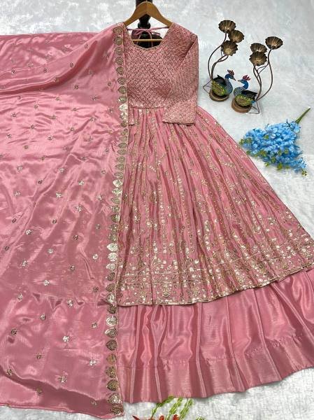 Pink Embroidered Chinon Silk Lehenga with Gown and Dupatta from Manufacturer Ready To Wear Collection
