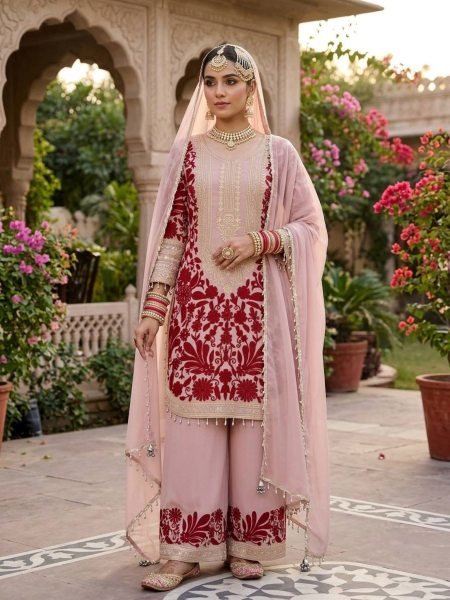 Dapper Pink Faux Georgette Top And Palazzo Suit with Chain Stitch Embroidery Work Ready To Wear Suit