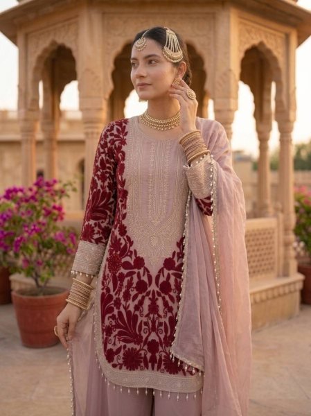 Dapper Pink Faux Georgette Top And Palazzo Suit with Chain Stitch Embroidery Work Ready To Wear Collection