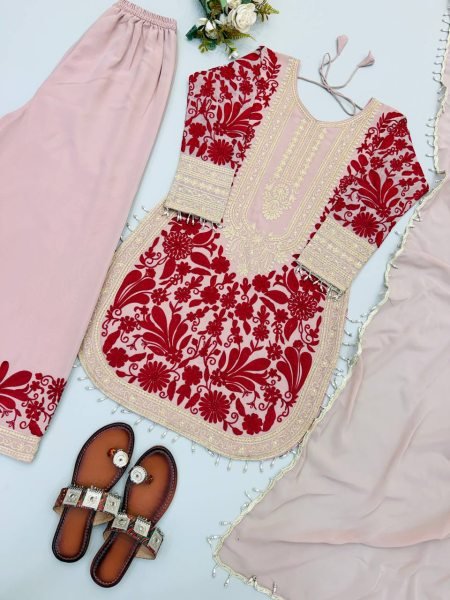 Dapper Pink Faux Georgette Top And Palazzo Suit with Chain Stitch Embroidery Work Ready To Wear Collection