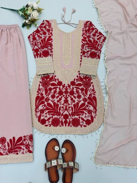 Dapper Pink Faux Georgette Top And Palazzo Suit with Chain Stitch Embroidery Work Ready To Wear Collection