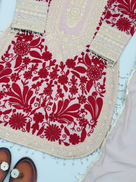 Dapper Pink Faux Georgette Top And Palazzo Suit with Chain Stitch Embroidery Work Ready To Wear Collection