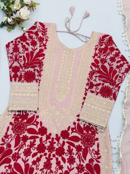 Dapper Pink Faux Georgette Top And Palazzo Suit with Chain Stitch Embroidery Work Ready To Wear Collection