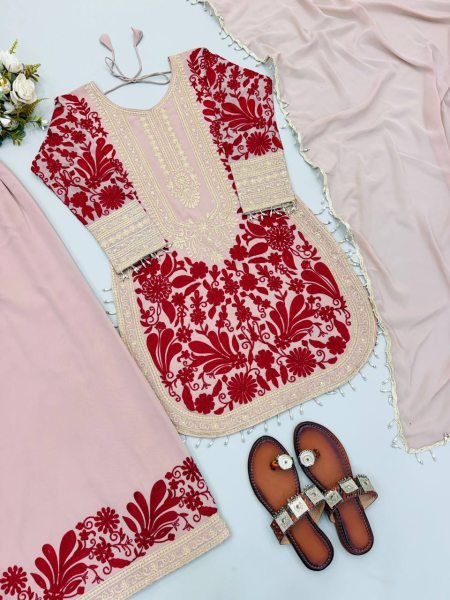 Dapper Pink Faux Georgette Top And Palazzo Suit with Chain Stitch Embroidery Work Ready To Wear Collection