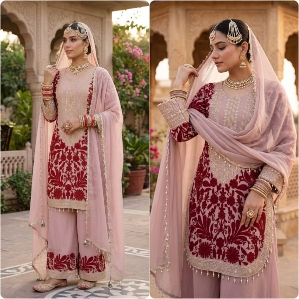 Dapper Pink Faux Georgette Top And Palazzo Suit with Chain Stitch Embroidery Work Ready To Wear Collection