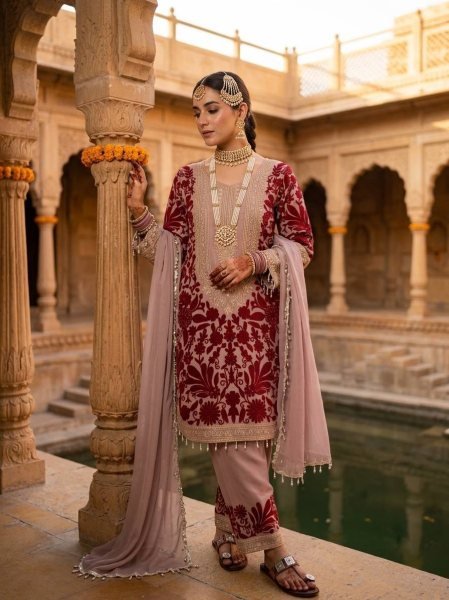 Dapper Pink Faux Georgette Top And Palazzo Suit with Chain Stitch Embroidery Work Ready To Wear Collection