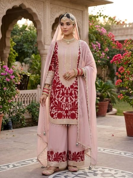 Dapper Pink Faux Georgette Top And Palazzo Suit with Chain Stitch Embroidery Work Ready To Wear Collection