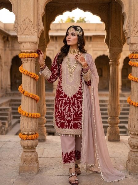 Dapper Pink Faux Georgette Top And Palazzo Suit with Chain Stitch Embroidery Work Ready To Wear Collection