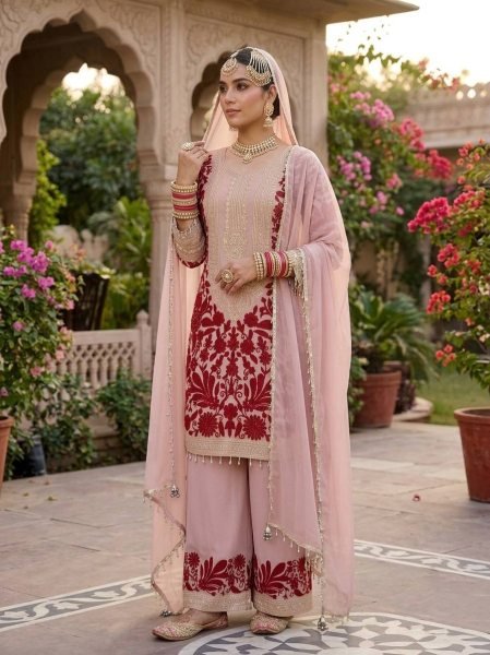 Dapper Pink Faux Georgette Top And Palazzo Suit with Chain Stitch Embroidery Work Ready To Wear Collection