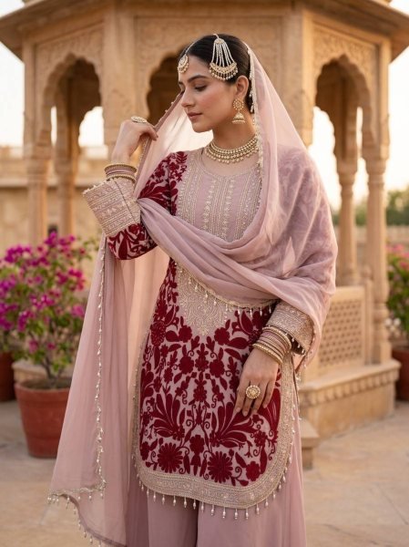 Dapper Pink Faux Georgette Top And Palazzo Suit with Chain Stitch Embroidery Work Ready To Wear Collection