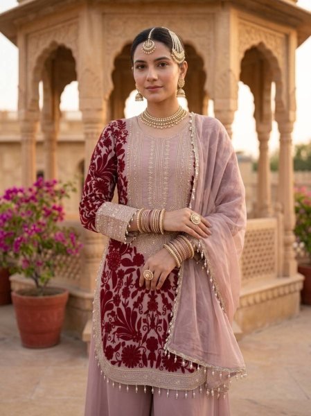 Dapper Pink Faux Georgette Top And Palazzo Suit with Chain Stitch Embroidery Work Ready To Wear Collection