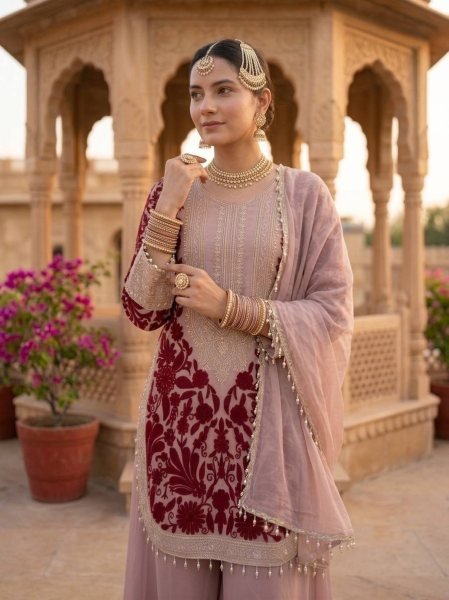 Dapper Pink Faux Georgette Top And Palazzo Suit with Chain Stitch Embroidery Work Ready To Wear Collection