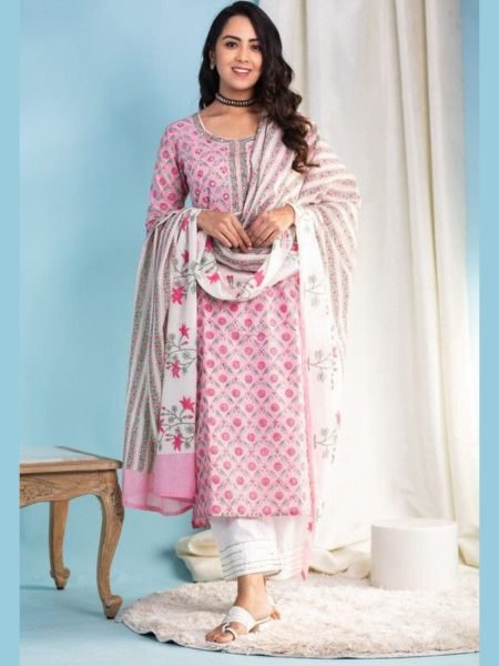 Pink Folral Printed Cotton Blend Kurta Pant Dupatta Set 