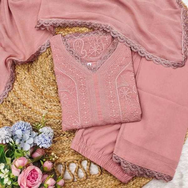 Pink Fox Georgette Chikankari Kurti and Dupatta Export Quality Now Launched Lucknowi Chikankari Kurtis Wholesale