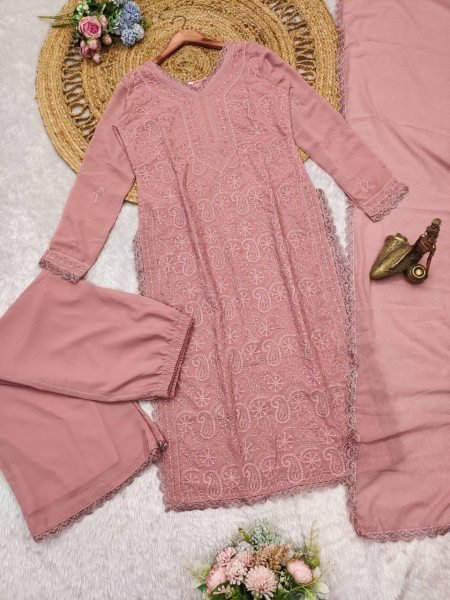 Pink Fox Georgette Chikankari Kurti and Dupatta Export Quality Now Launched Lucknowi Chikankari Kurtis Wholesale