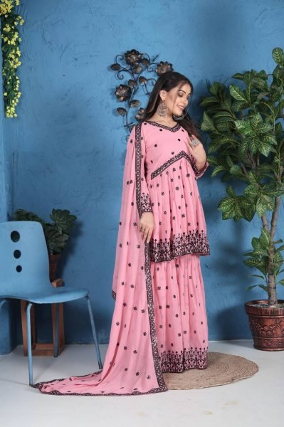 Pink Fox Georgette Kedia Sharara Set with Sequin Embroidery For Wedding Wear Ready To Wear Collection