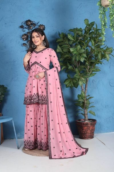 Pink Fox Georgette Kedia Sharara Set with Sequin Embroidery For Wedding Wear Ready To Wear Collection