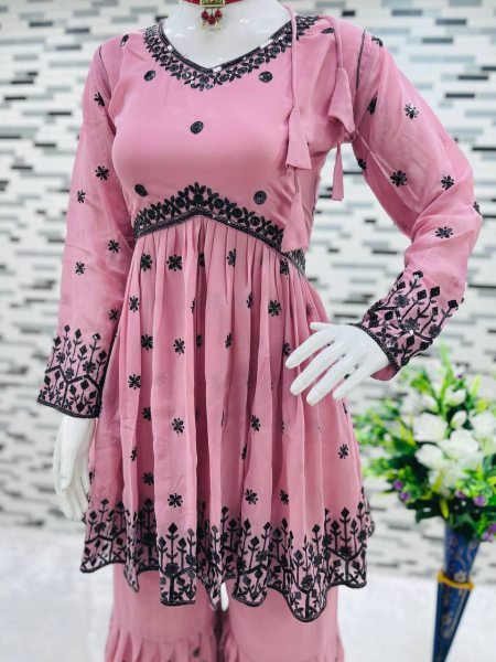 Pink Fox Georgette Kedia Sharara Set with Sequin Embroidery For Wedding Wear Ready To Wear Collection