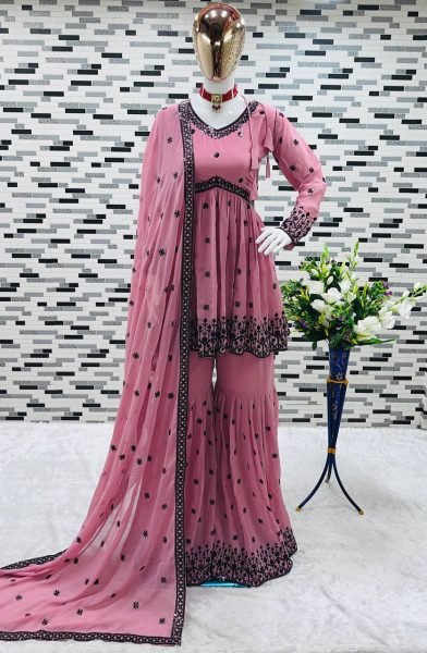 Pink Fox Georgette Kedia Sharara Set with Sequin Embroidery For Wedding Wear Ready To Wear Collection