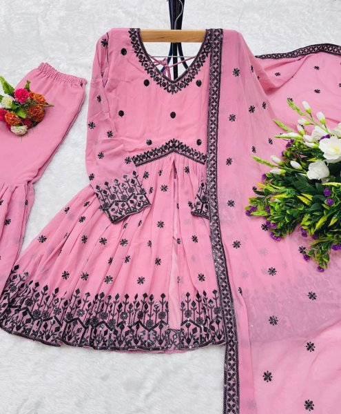 Pink Fox Georgette Kedia Sharara Set with Sequin Embroidery For Wedding Wear Ready To Wear Collection