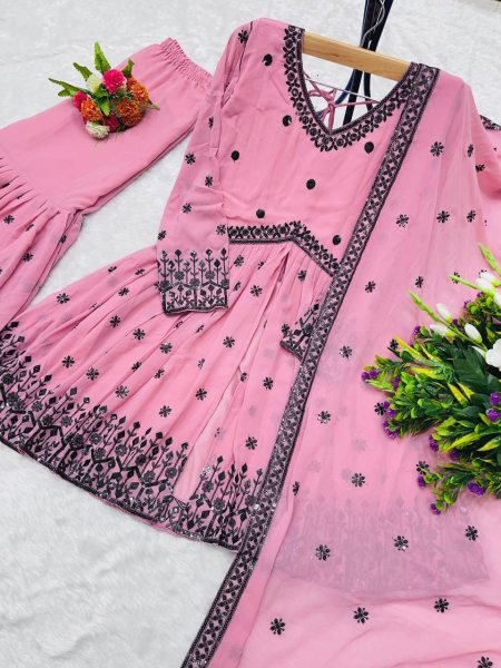 Pink Fox Georgette Kedia Sharara Set with Sequin Embroidery For Wedding Wear Ready To Wear Collection