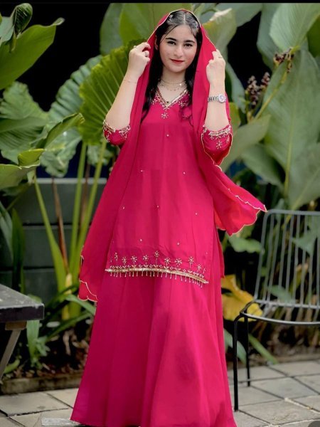 Pink Fox Georgette Sharara Suit with Sequin Lace Partywear Style Ready To Wear Suit