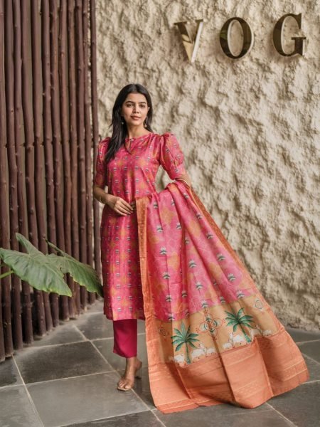 Pink French Crepe Printed Kurti with Viscose Bottom and Silk Printed Dupatta Anarkali Kurtis 