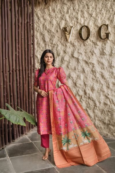 Pink French Crepe Printed Kurti with Viscose Bottom and Silk Printed Dupatta Printed Kurtis