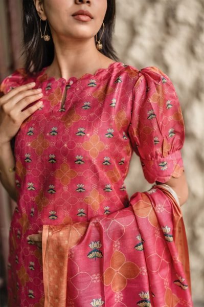Pink French Crepe Printed Kurti with Viscose Bottom and Silk Printed Dupatta Printed Kurtis