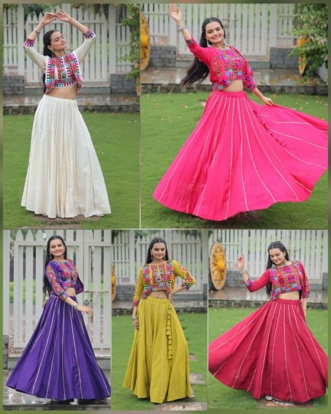Pink Gamthi Work Roman Fabric Lehenga Choli Festive Garba Wear Navratri Lehnega Choli