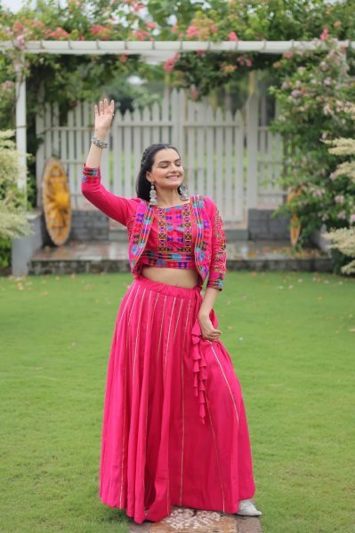 Pink Gamthi Work Roman Fabric Lehenga Choli Festive Garba Wear Navratri Lehnega Choli