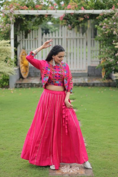 Pink Gamthi Work Roman Fabric Lehenga Choli Festive Garba Wear Navratri Lehnega Choli