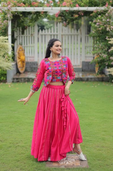 Pink Gamthi Work Roman Fabric Lehenga Choli Festive Garba Wear Navratri Lehnega Choli