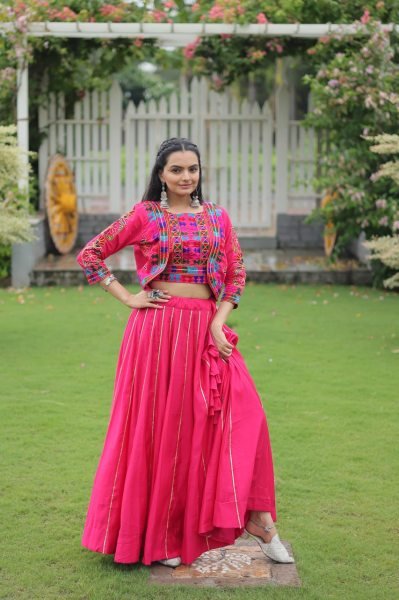Pink Gamthi Work Roman Fabric Lehenga Choli Festive Garba Wear Navratri Lehnega Choli