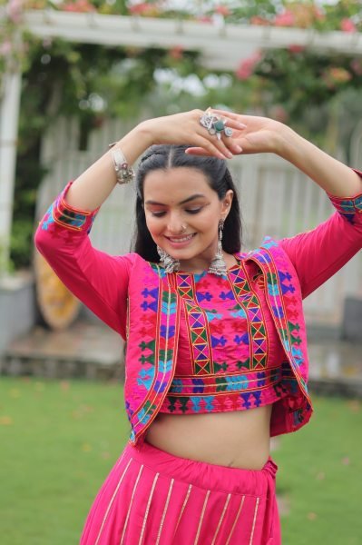 Pink Gamthi Work Roman Fabric Lehenga Choli Festive Garba Wear Navratri Lehnega Choli