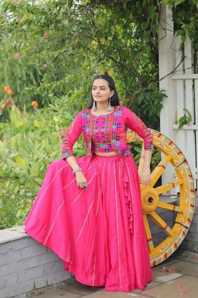 Pink Gamthi Work Roman Fabric Lehenga Choli Festive Garba Wear Navratri Lehnega Choli