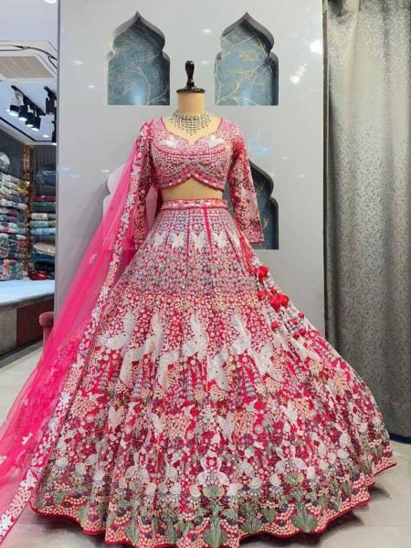 Pink Georgette 4m Flare Lehenga with Sequins and Bird Embroidery Reception Wear  Lehenga