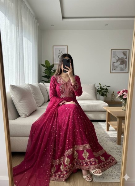 Pink Georgette Anarkali Gown Set with 3mm Sequin Embroidery for Wholesale and Resale Ready To Wear Collection