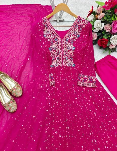 Pink Georgette Anarkali Gown Set with 3mm Sequin Embroidery for Wholesale and Resale Ready To Wear Collection