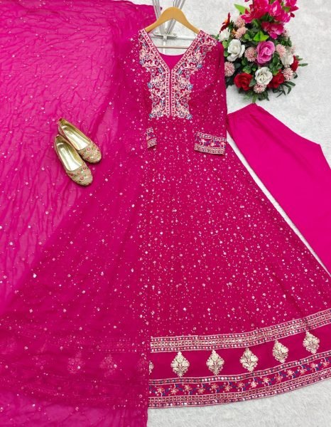 Pink Georgette Anarkali Gown Set with 3mm Sequin Embroidery for Wholesale and Resale Ready To Wear Collection