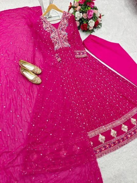 Pink Georgette Anarkali Gown Set with 3mm Sequin Embroidery for Wholesale and Resale Ready To Wear Collection