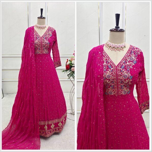 Pink Georgette Anarkali Gown Set with 3mm Sequin Embroidery for Wholesale and Resale Ready To Wear Collection
