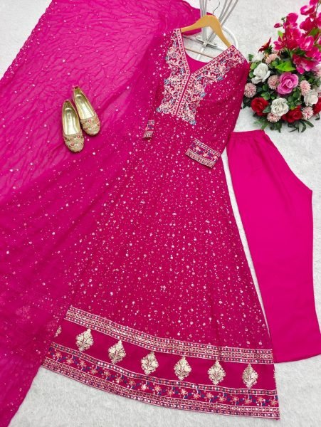 Pink Georgette Anarkali Gown Set with 3mm Sequin Embroidery for Wholesale and Resale Ready To Wear Collection