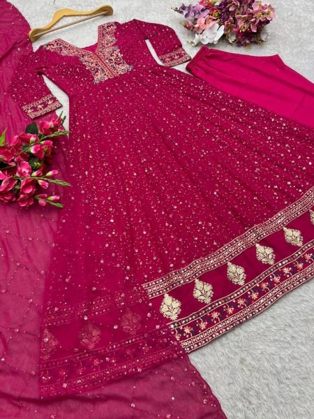 Pink Georgette Anarkali Gown Set with 3mm Sequin Embroidery for Wholesale and Resale Ready To Wear Collection