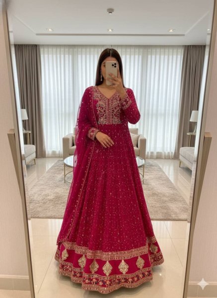 Pink Georgette Anarkali Gown Set with 3mm Sequin Embroidery for Wholesale and Resale Ready To Wear Collection